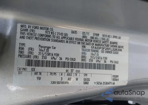 2015 Ford Focus Se z USA, uszkodzony, nr VIN 1FADP3F25FL228306